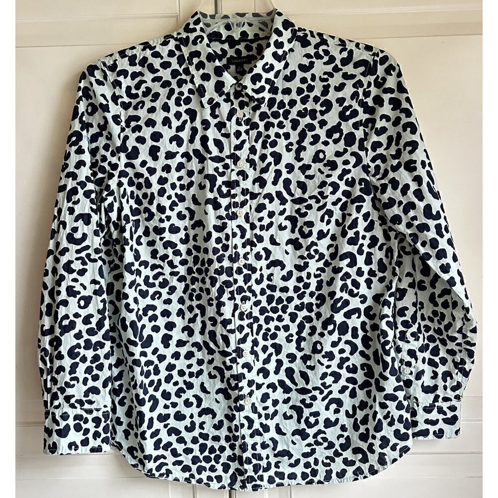 Talbots Women’s Large Leopard Print Button Front Cotton Shirt Mint Green Navy